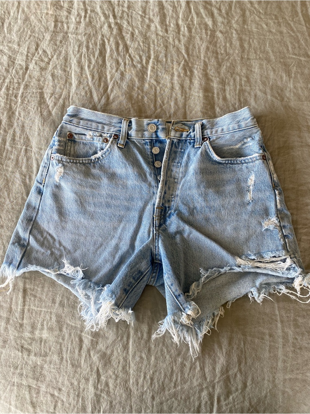 AGOLDE Light Blue Distressed Denim Shorts